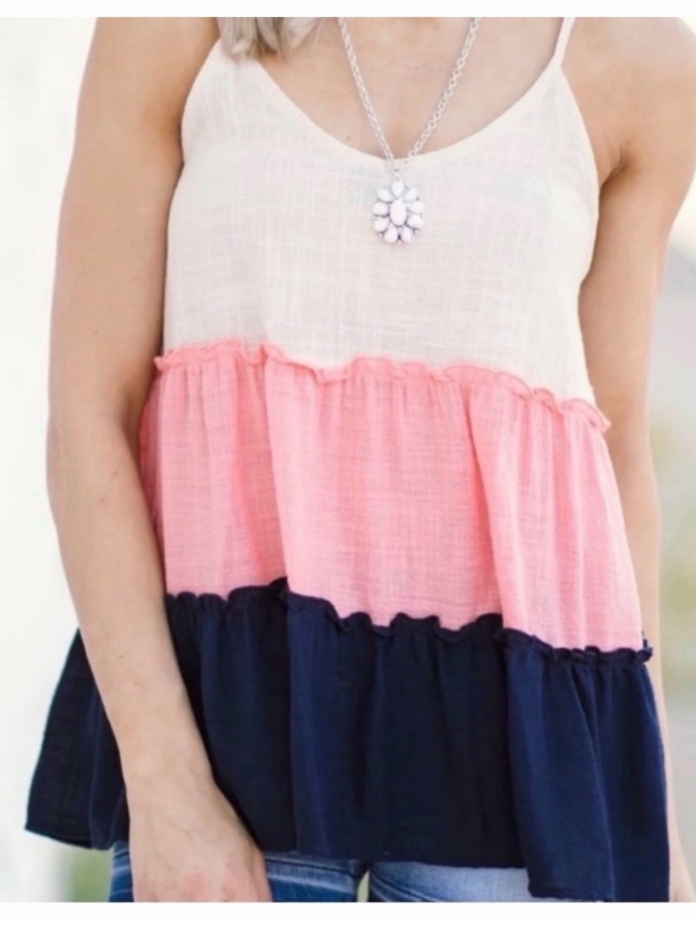 Colorblock Tiered Tank Top, Navy Pink Beige, Sleeveless V-Neck, Size Small